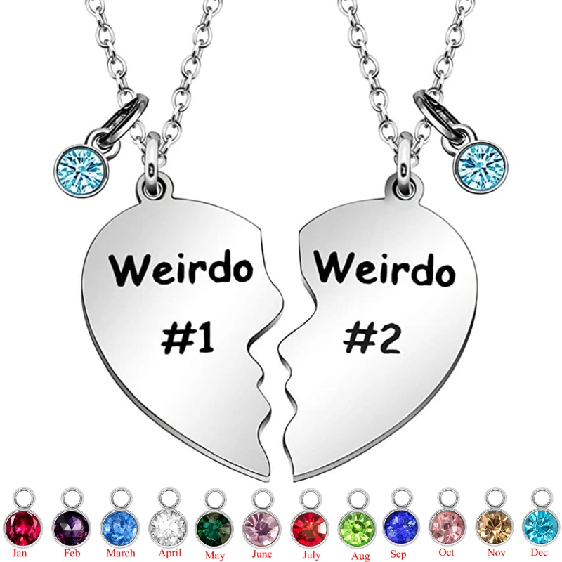 Friendship Gifts,Weirdo 1 & Weirdo 2 Two Split With Birthstone Charms Heart Pendant Necklaces, BFF Birthday Gift for Best Friend