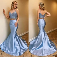 2022 mermaid two pieces sexy evening dresses spaghetti straps v neck lace prom dress sweep train taffeta backless formal gowns
