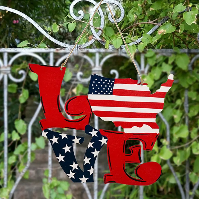 

American Independence Day Wooden Pendant Wooden Love Pendant Window Wall-mounted Decoration Art Crafts Home Hotel Decor Supplies