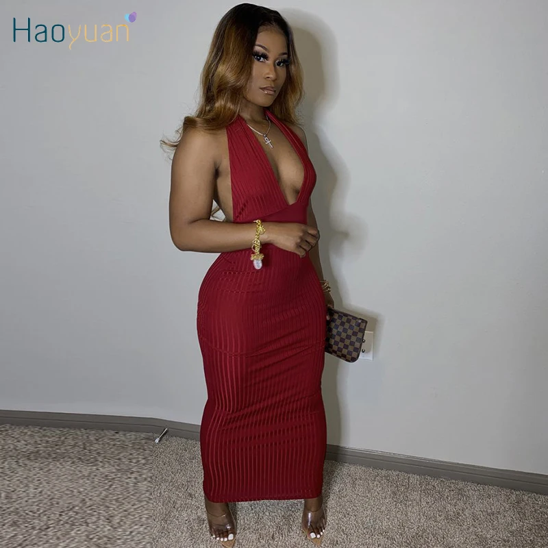 HAOYUAN вязаный с открытыми плечами облегающее платье Макси низким вырезом на спине