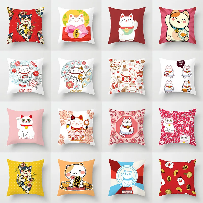

Japanese Fortune Cat Cushion Cover 45*45 Pillowcase Maneki Neko Cartoon Cushions Pillow Cases Polyester Pillow Covers Lucky Cat