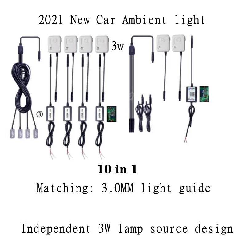 

10 in 1 Car Ambient Light + 4 pcs Foot Lamps 9M Optical Fibre 64 Colors Led Wireless No Threading App Control