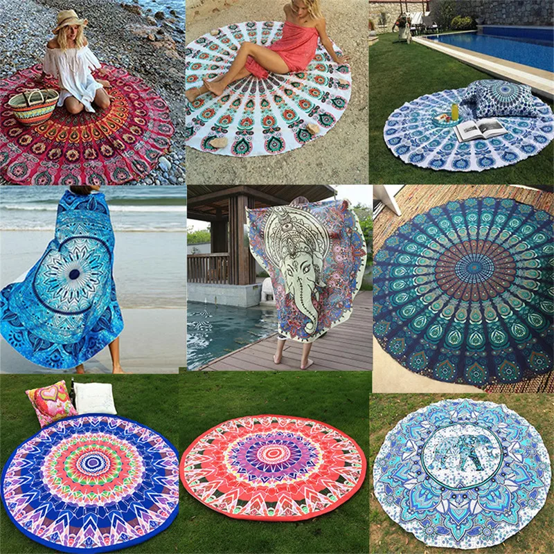 

148cm Microfiber Round Beach Towel Mandala Hippie Tapestry Blanket Shawl Tassel Big Rug Absorbent Quick-Drying Bath Towel