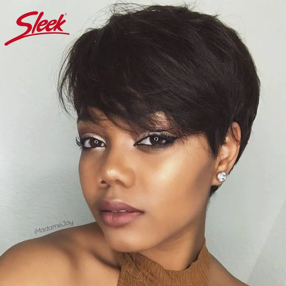 Sleek Brazilian Short Human Hair Wig 100% Remy Red Hair Wig For Black Women Brown Full Machine Cheap Wigs Pixie Cut Wig  Fast