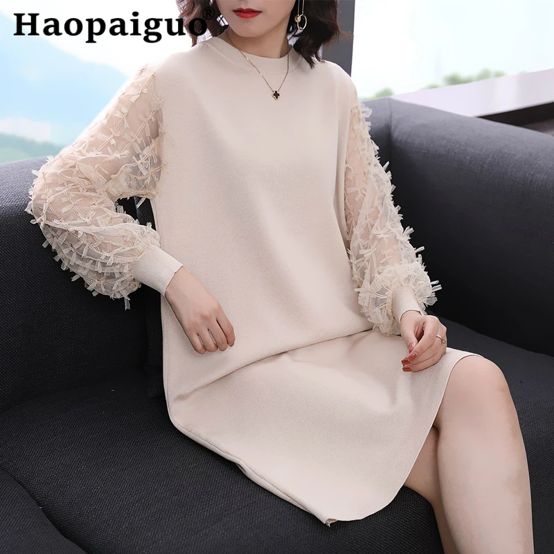 Основной гардероб черное кружевное лоскутное свободное трикотажное платье