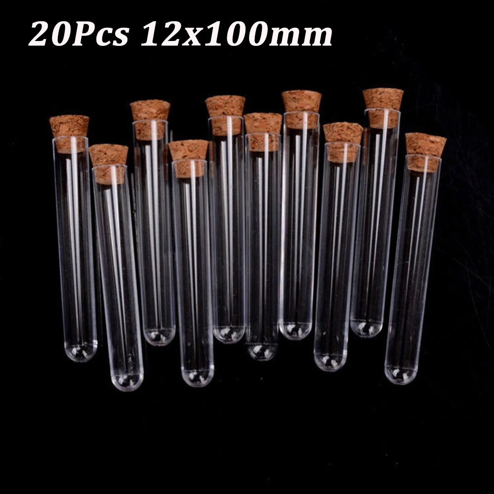 

20Pcs 12x100mm Transparent Laboratory Plastic Test Tubes With Caps Stoppers School Lab Supplies Accessories
