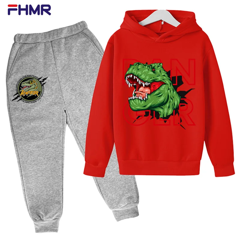 

Children Cartoon Dinosaur Print Hoodies Pants Kids Hooded Pullovers Harajuku Loose Streetwear Sweatshirts Boys Sportwear