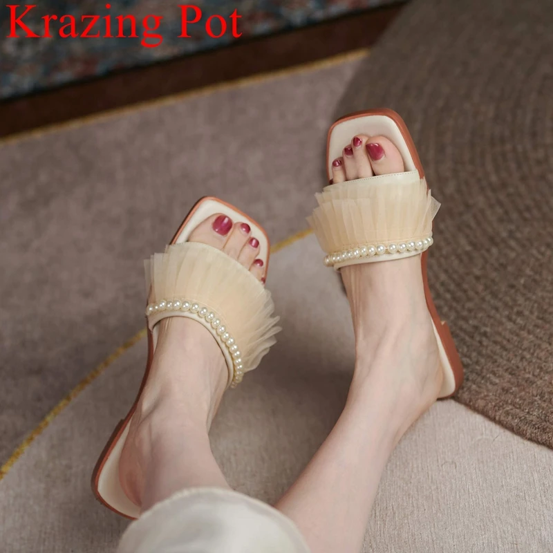 

Krazing Pot genuine leather lace flats fringe outside slippers pearl concise casual slip on sweet slingback flip flops mules l62
