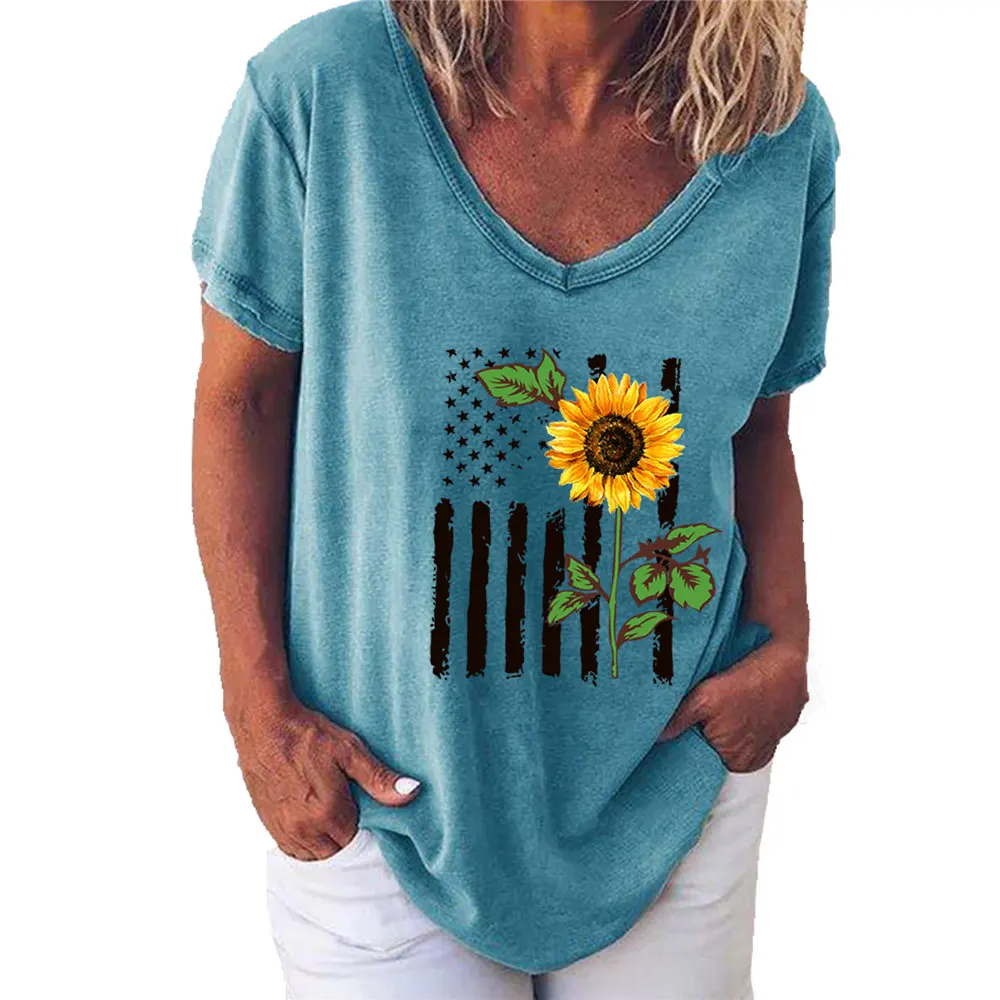 

Loose Green Tops Women Sunflower Printed Vintage T Shirt Women V Neck Short Sleeve T-Shirt Summer Casual Tees Ladies Top White