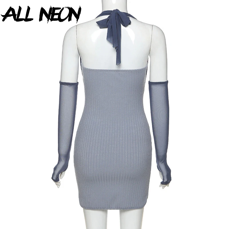 

ALLNeon E-girl Chic Mesh Sleeve Criss-cross Bandage Y2K Dresses Vintage Halter Open Shoulder Backless Ruched Bodycon Mini Dress