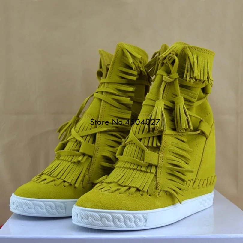 Осенние женские ботинки на шнурках желтые с кисточками платформе|Женские