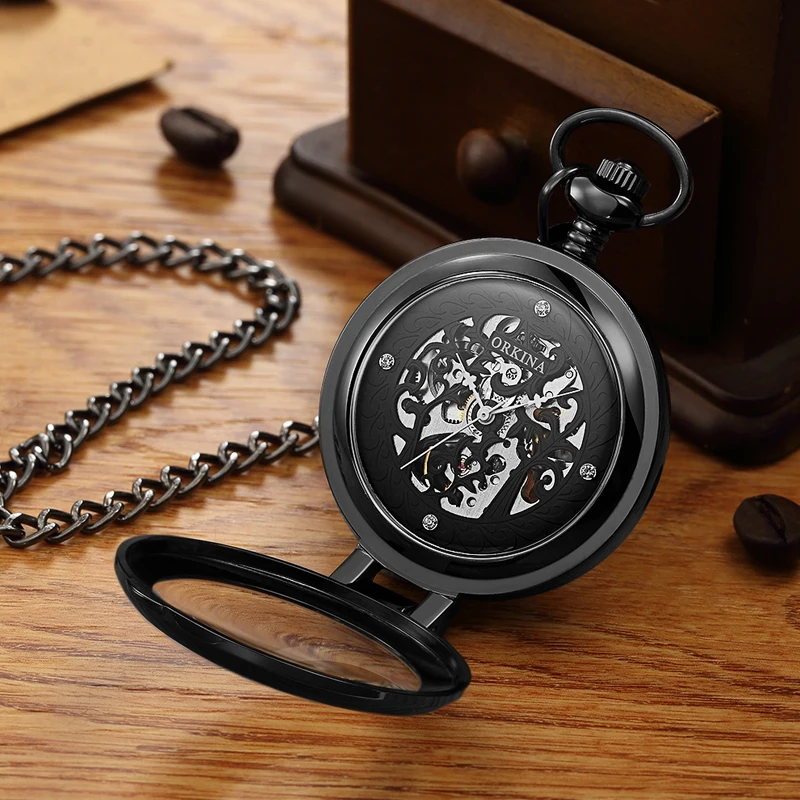 Golden Retro Antique Round Automatic Mechanical Pocket Watch Fob Chain Hand Winding for Men Women