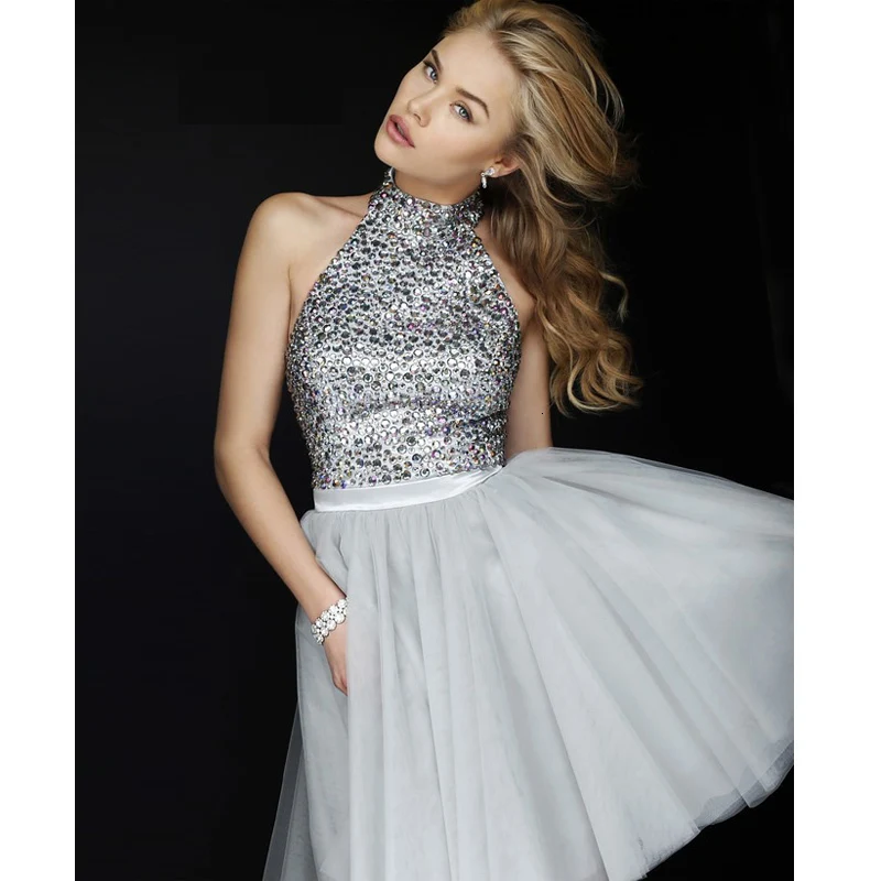 silver gray BGW мини-коктейльные платья из тюля с лямкой на шее, бальное Платье без рукавов, Vestidos De Coctel Cortos Elegantes Платье для женщин - Цвет: silver gray