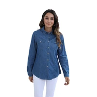 cowgirl long sleeve lapel single breasted double pocket retro casual solid color mid length blouse elegant womens denim coat