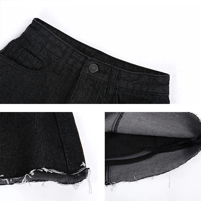 

Casual High Waist Ripped Denim Skirts Women Summer Black Solid Pockets A-line Mini Jeans Skirt