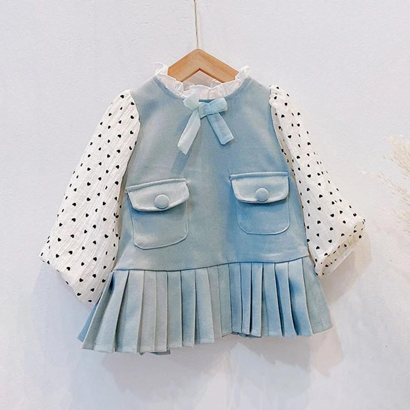 

Bear Leader New Autumn Bow Baby Girls Dress Dot Puff Sleeve Toddler Girl Clothes Blue Cotton Trumpet Party Dresses 2-6T
