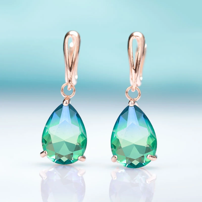 gold blue green MAIKALE New Water Drop Gradient Blue Long Earrings Women Fashion Rose Gold Fine Jewelry Tourmaline Zircon Glass Dangle Earrings - Окраска металла: gold blue green