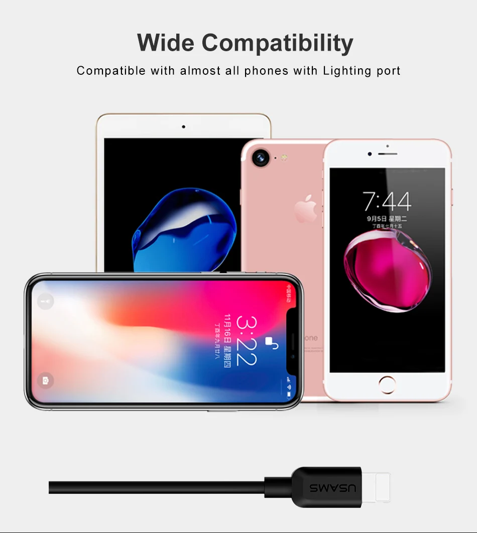 USB кабель для iPhone xr, USAMS iOS 2A кабель для быстрой зарядки для iPhone XS X 8 7 6 5 iPad синхронизация данных USB зарядное устройство для освещения кабель