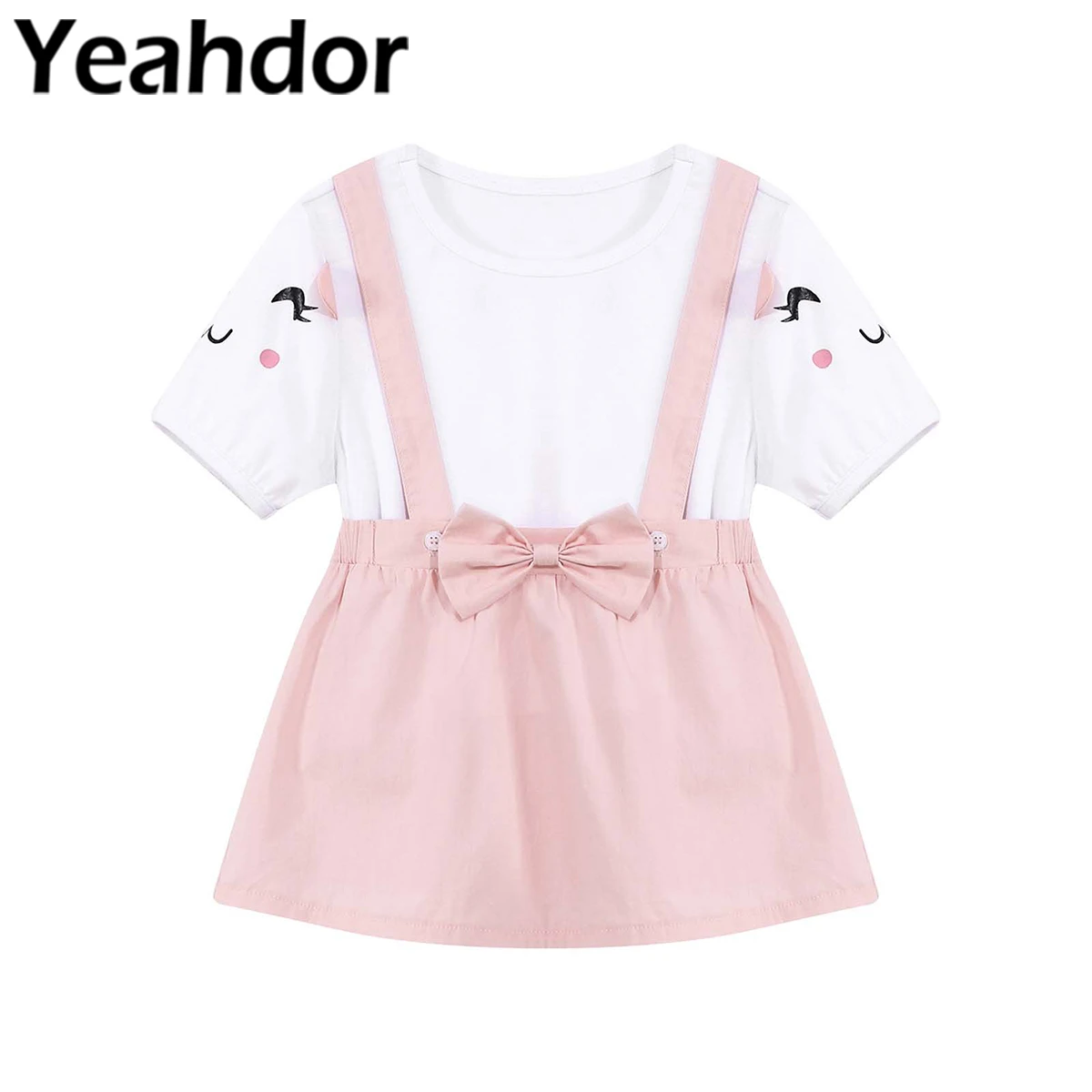

2Pcs Kids Girls Summer Casual Suit Daily Wear Streetwear Cartoon Print T-shirt with Suspender Skirt Set Children Outfit