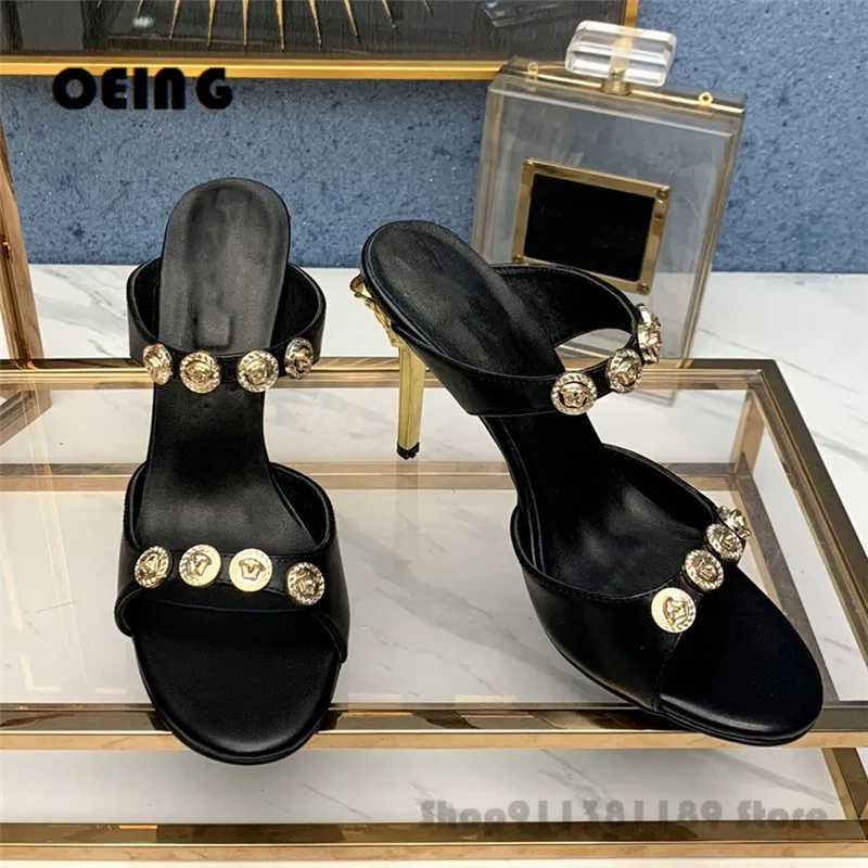 

Summer Women Golden High Heel Mules Genuine Leather Printing Slides Chic Runway Sandals Sexy Outdoor Dress Beach Mules 2021 New