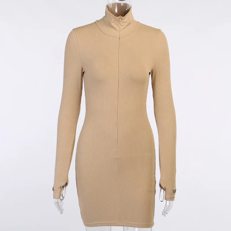 

Turtleneck Embroidered Dress Women's Sports Style Long-Sleeved Bag Hip One-Step Dresses Solid Color Autumn Spring Party Clothes