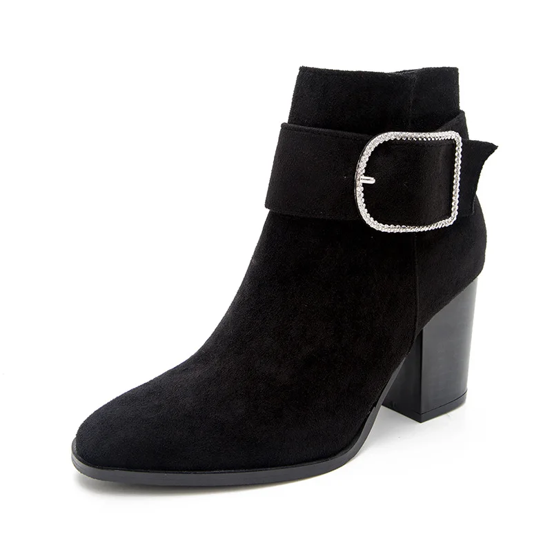 

Women Autumn Ankle Boots Flock Crystal Buckle Platform Chunky Heel Pointed Toe Rubber Sole Mature Elegant Shoes Ladies Female