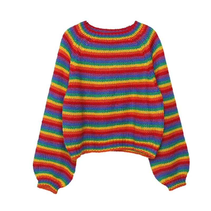 

Korean Rainbow Knitted Sweater Women Runway Jumpers Loose Women's Clothes Autumn 2019 Plus Size Casual female Top Pullovers