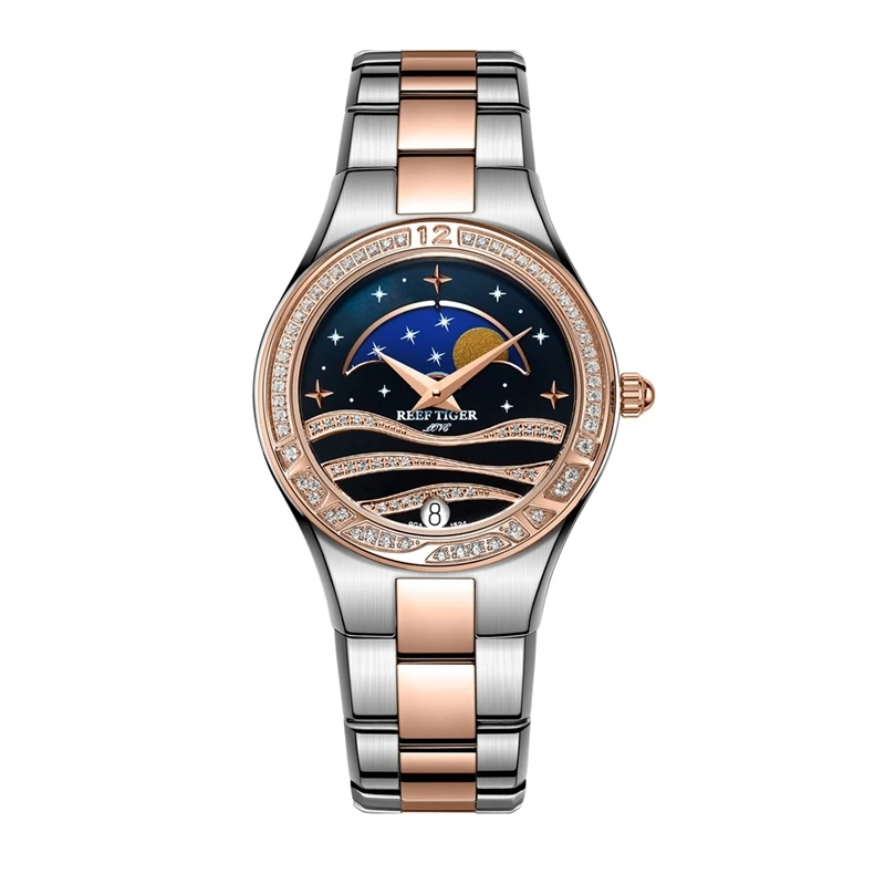 

Reef Tiger/RT Luxury Women's Watches Black Dial Rose Gold Two Tone Watch Moon Phase Date Wrist Watches RGA1524