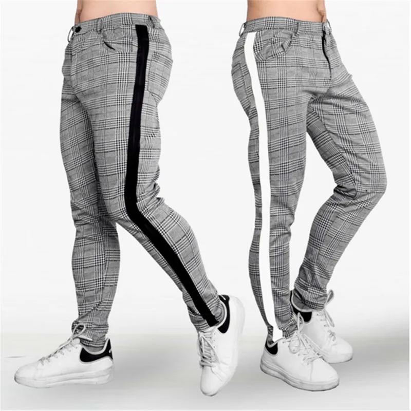 Мужские облегающие брюки в полоску повседневные карандаш клетку с высокой