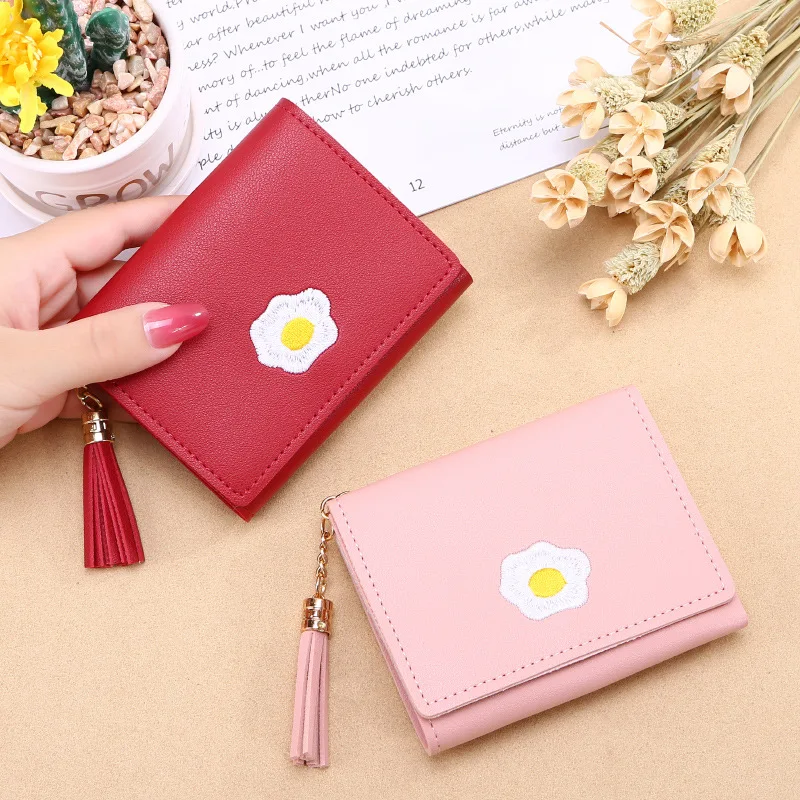 

Fashion Women PU Leather Cartoon Wallet Tassel Fried Cute Egg Short Multi-Card Position Coin Purse Lady Female Bank ID Card Hold