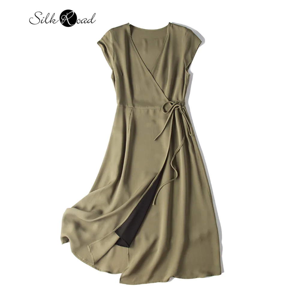 Silviye Silk wrap dress women's silk waist closed light mature thin vest dress blusas mujer de moda 2020