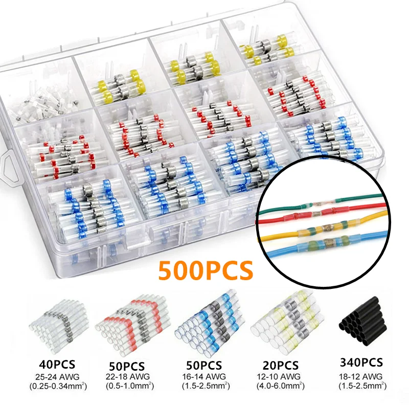 

500PCS Seal Solder Sleeves Wire Connectors Heat Shrink Soldering Connectors Waterproof Fast Butt Terminals&Heat Shrink Tube