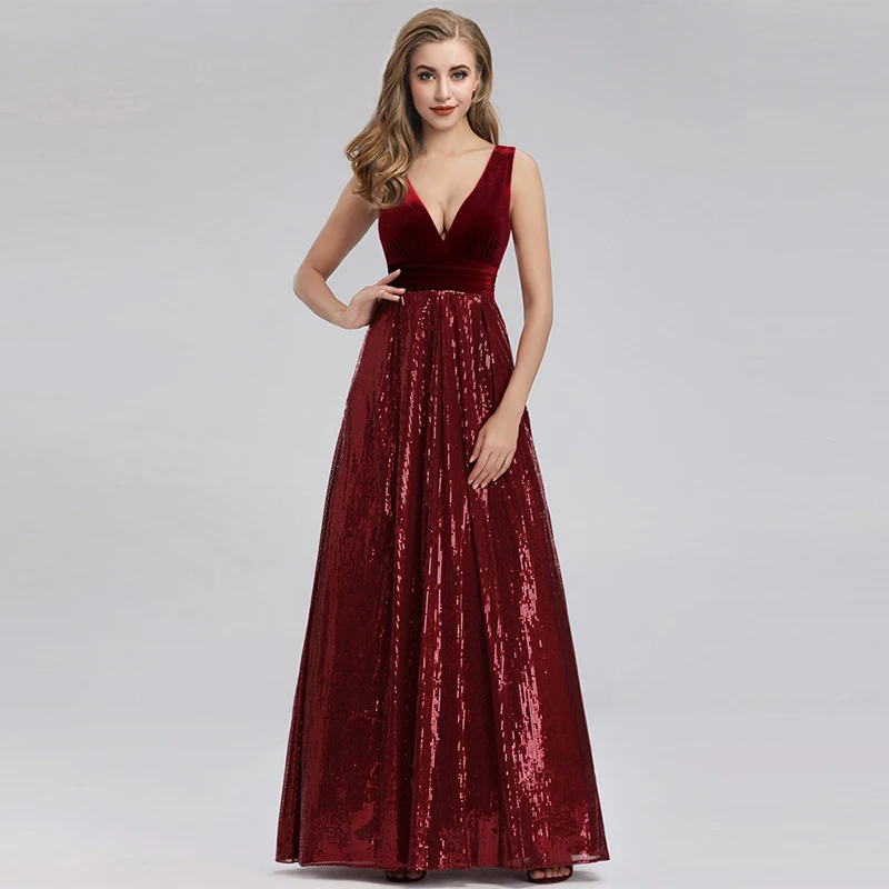 

2021 New Red Backless Dress A-Neck V-Neck Sleeveless Sequins Long Women's Clothing