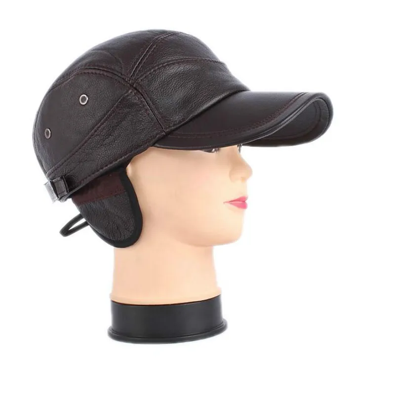 Мужская зимняя теплая кожаная шапка бейсболка с защитой ушей для взрослых