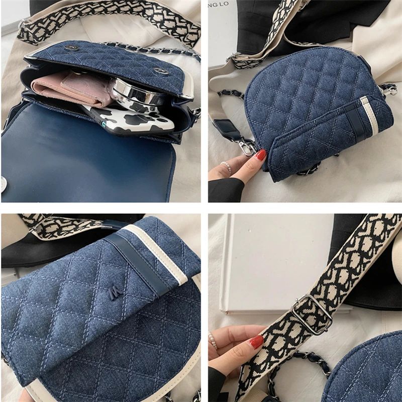 

Vintage Quilted Half Moon Denim Cloth Mini Saddle Crossbody Shoulder Bags For Women Chain Wide Strap Purses And Handbags 2021