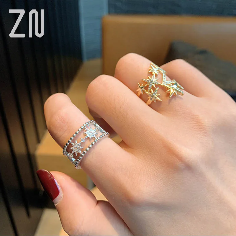 

ZN 2021 New Cubic Zircon Ring Octagon Star Dazzling Open Finger Rings for Women Girls Wedding Engagement Jewelry Gift