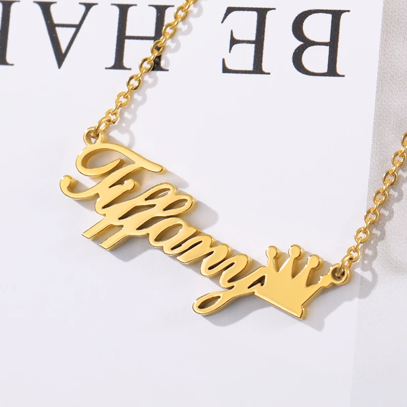 Fashion Name Crown Necklace Stainless Steel vintage Cursive Font Nameplate Pendant Jewelry Birthday Gifts | Украшения и