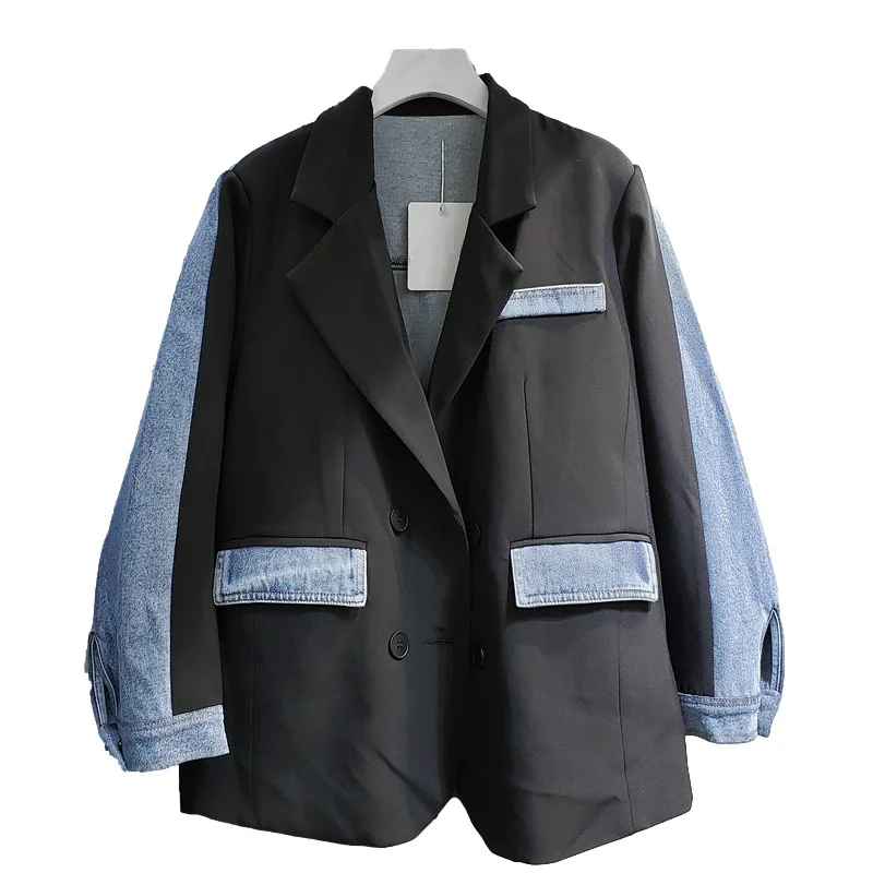 Осень 2025 г. винтажный костюм средней длины лоскутная джинсовая куртка с