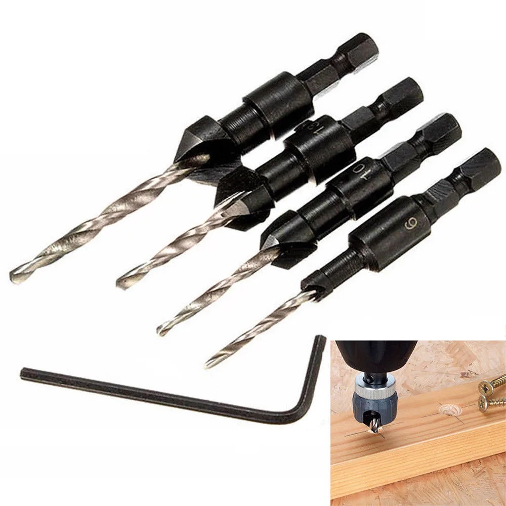 4pcs 4 шт. быстрая смена Шестигранная Резьбовая головка фаска Конические Сверла конусная развертка для дрели набор Деревообрабатывающие инструменты FDH - Цвет: 4pcs