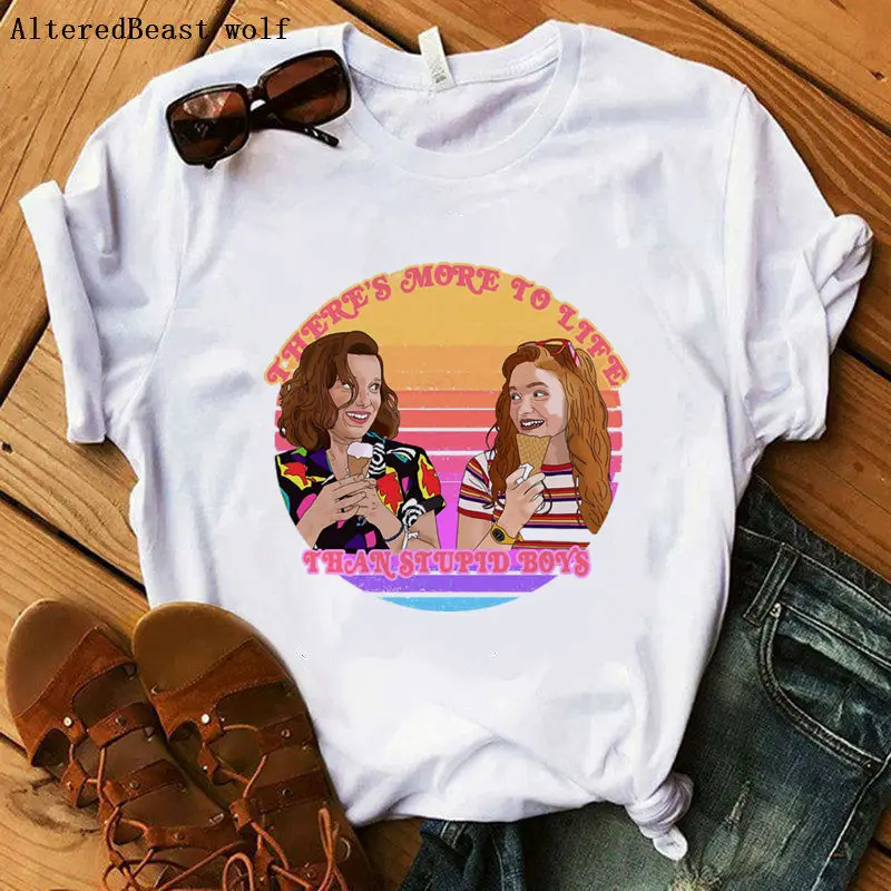 

Stranger Things Season 3 T Shirt Women Funny print Top tee Eleven casual loose t shirt 80s Graphic Female vogue o neck t shirt