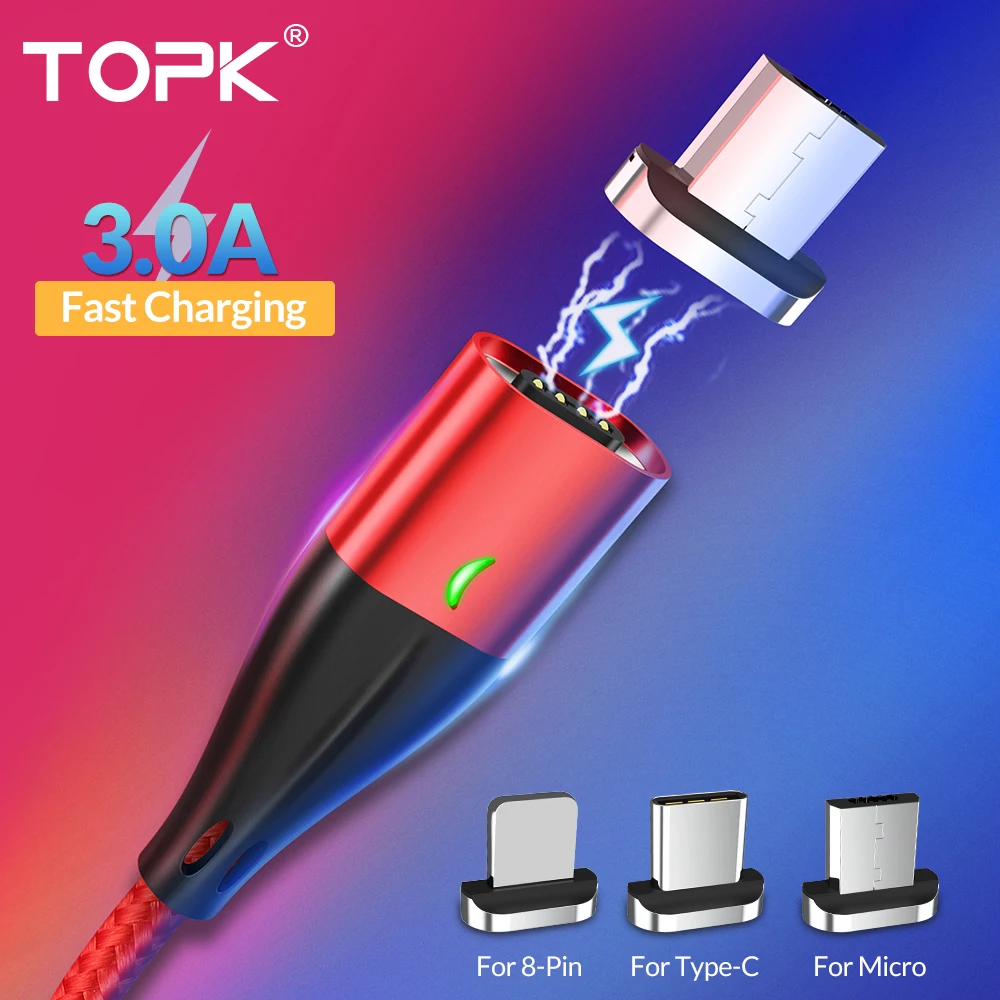 TOPK 1 м 2 м USB Магнитный кабель usb type C и mi cro USB кабель Быстрая зарядка кабель usbc для iPhone samsung Xiao mi redmi note 7 mi a2