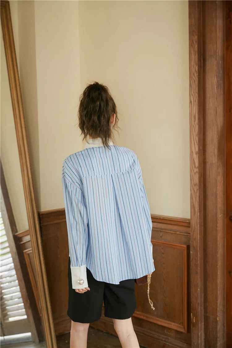

Pearl Long Sleeve Bow Top Blue Striped Korean Blouse Women Button Up Collar Cute Shirts Fall 2020 Women Clothing C275