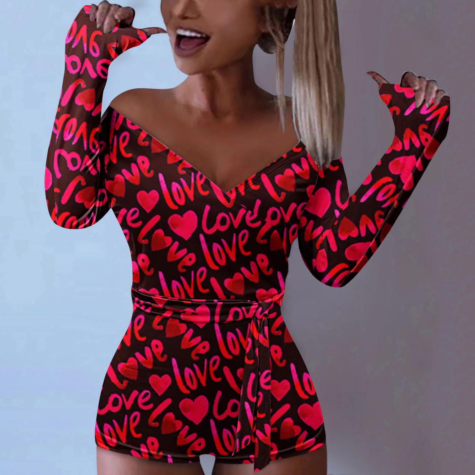 

Valentine's Day Off The Shoulder Sexy Mini Dress Women Autumn Spring Deep V Neck Long Sleeve Short Dresses Bodysuit Simple Dress