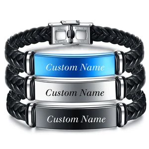 Браслет из нержавеющей стали, винтажный, с гравировкой имени, черный, плетеный кожаный браслет, мужской браслет, ювелирные изделия
