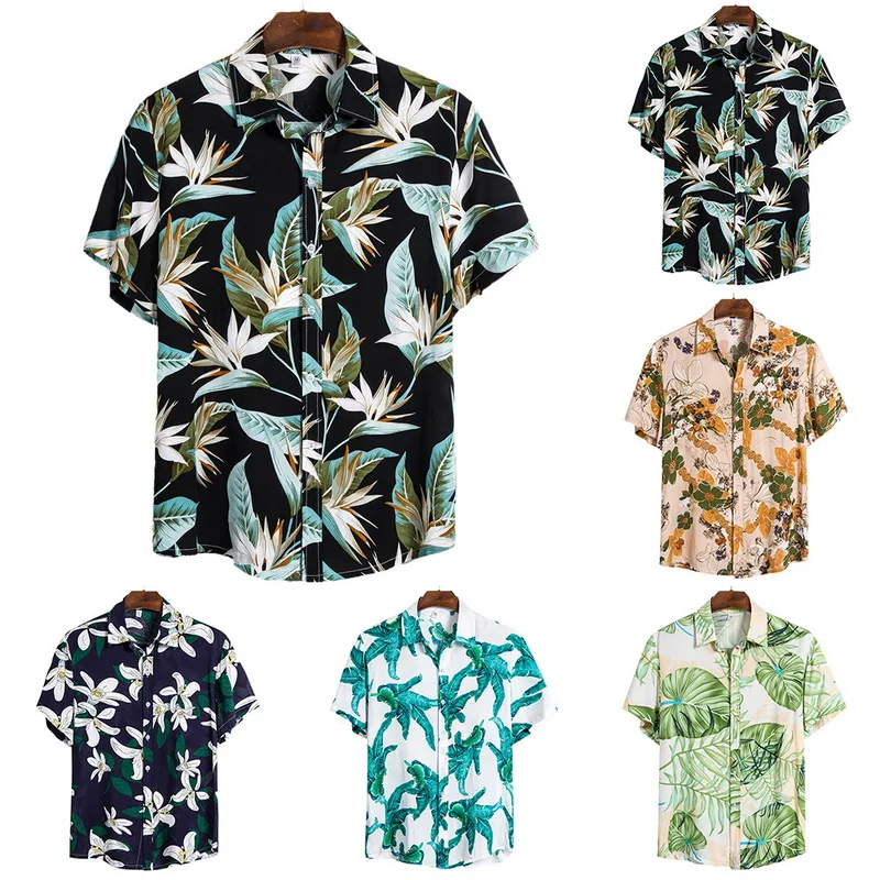 

Puimentiua Summer Printed Flower Short Sleeve Shirts 2021 Men Streetwear Harajuku Hawaiian Casual Fashion Beach Shirts Cmisas