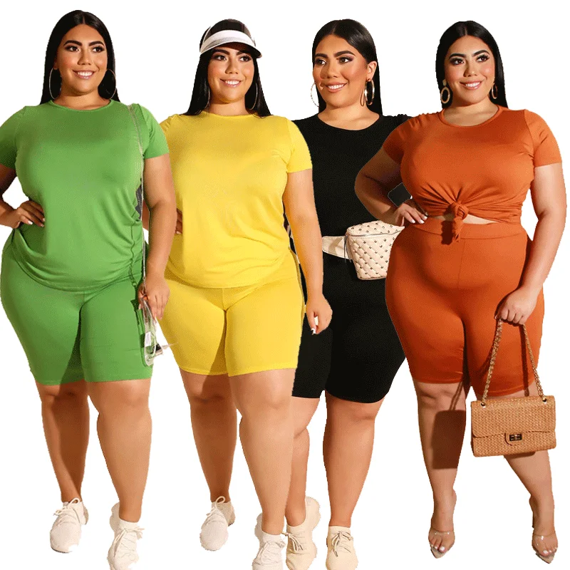 

Женский комплект из двух предметов, однотонные шорты с коротким рукавом и эластичным поясом, 4xl, размера плюс