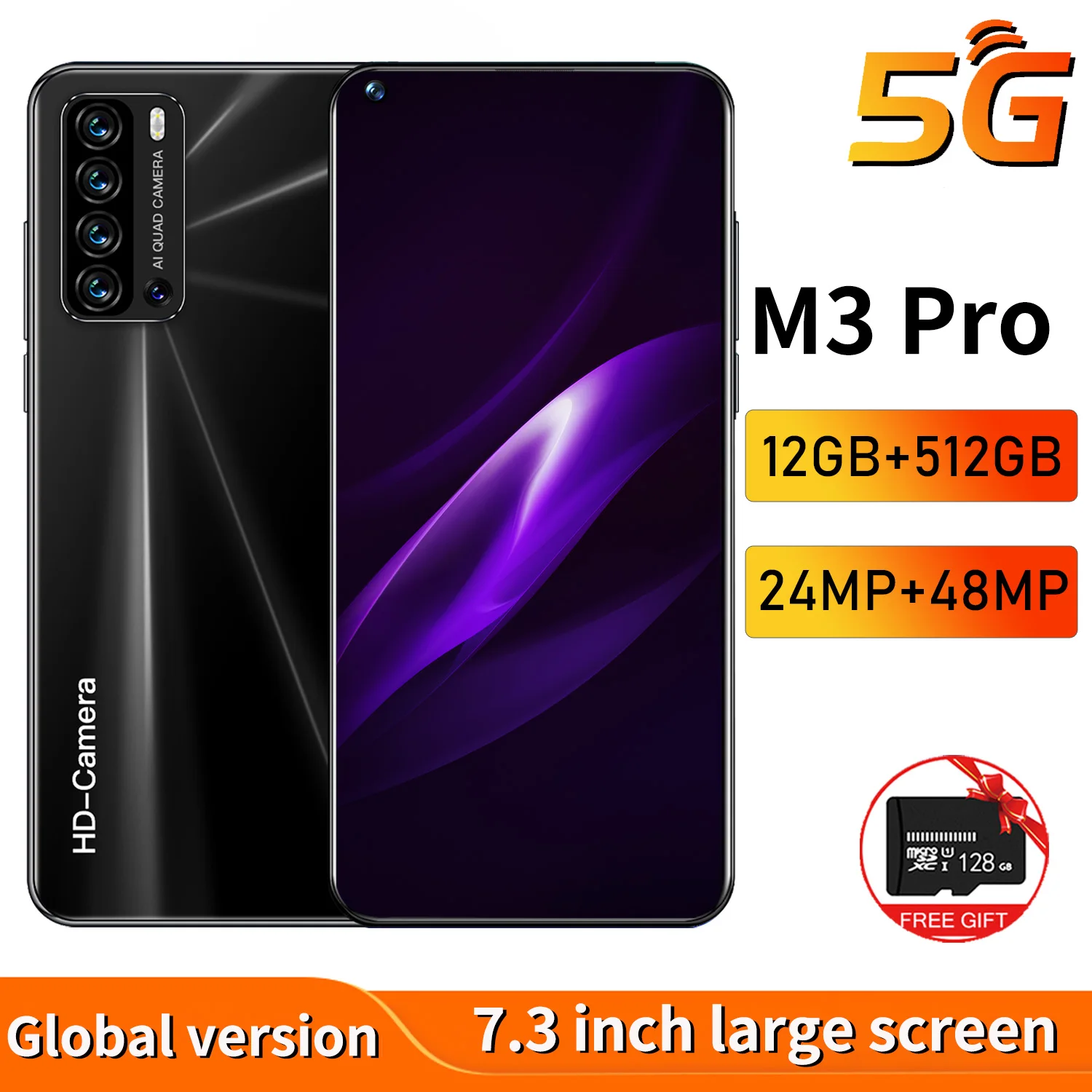 

New Version M3 Pro 5G Smartphone 7.3 Inch Smart phone 5600mAh 24MP+48MP 12GB+512GB Unlock Mobile Phones Global Version Celular