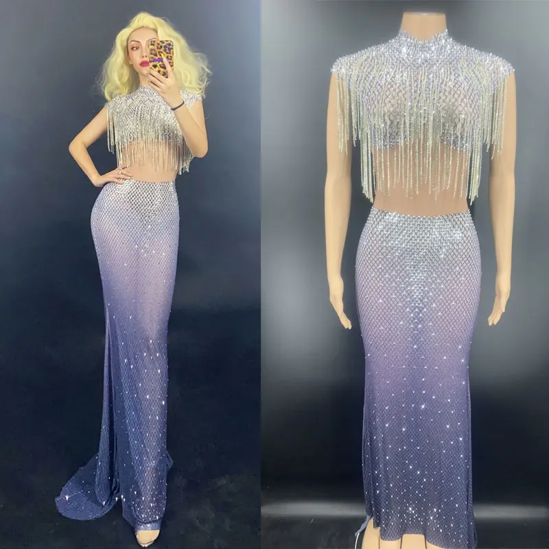 

Женское длинное вечернее платье с кристаллами, Клубное платье без рукавов с кисточками, соблазнительное сценическое платье русалки, певицы...