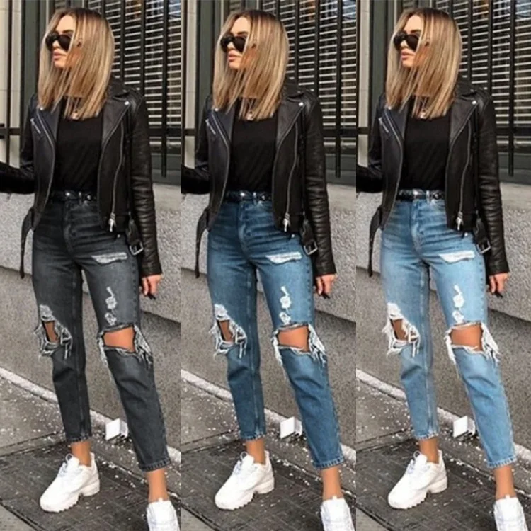 

Women's Jeans 2021 Fashion Ripped Holes Show Thin Denim Trousers