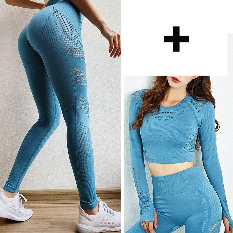 Blue Suit Женские Бесшовные штаны для йоги, высокая талия, Спортивные Леггинсы, для спортзала, фитнеса, тренировок, полые длинные колготки для бега, для девушек, сексуальные S-L - Цвет: Blue Suit